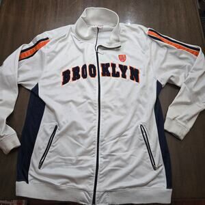 white and orange Brooklyn Express track jacket is a vintage Y2K streetwear xxl